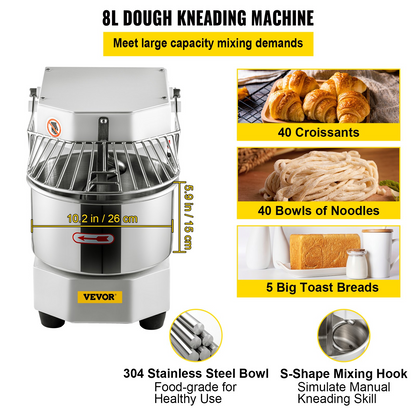 VEVOR Commercial Food Mixer, 8.5Qt Capacity, 450W Dual Rotating Dough Kneading Machine with Food-grade Stainless Steel Bowl, Security Shield & Timer Included, Baking Equipment for Restaurant Pizzeria