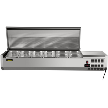 VEVOR Refrigerated Condiment Prep Station, 60-Inch, 16.8Qt Sandwich/Salad Prep Table with 4 1/3 Pans & 4 1/6 Pans, 150W Salad Bar with 304 Stainless Body and Cover Temp Adjuster One-Click Defrosting