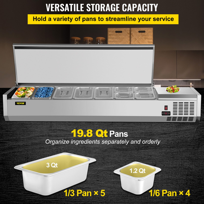 VEVOR Refrigerated Condiment Prep Station, 71-Inch, 19.8Qt Sandwich / Salad Prep Table with 5 1/3 Pans & 4 1/6 Pans, 150W Salad Bar with 304 Stainless Body and Cover Temp Adjuster One-Click Defrosting