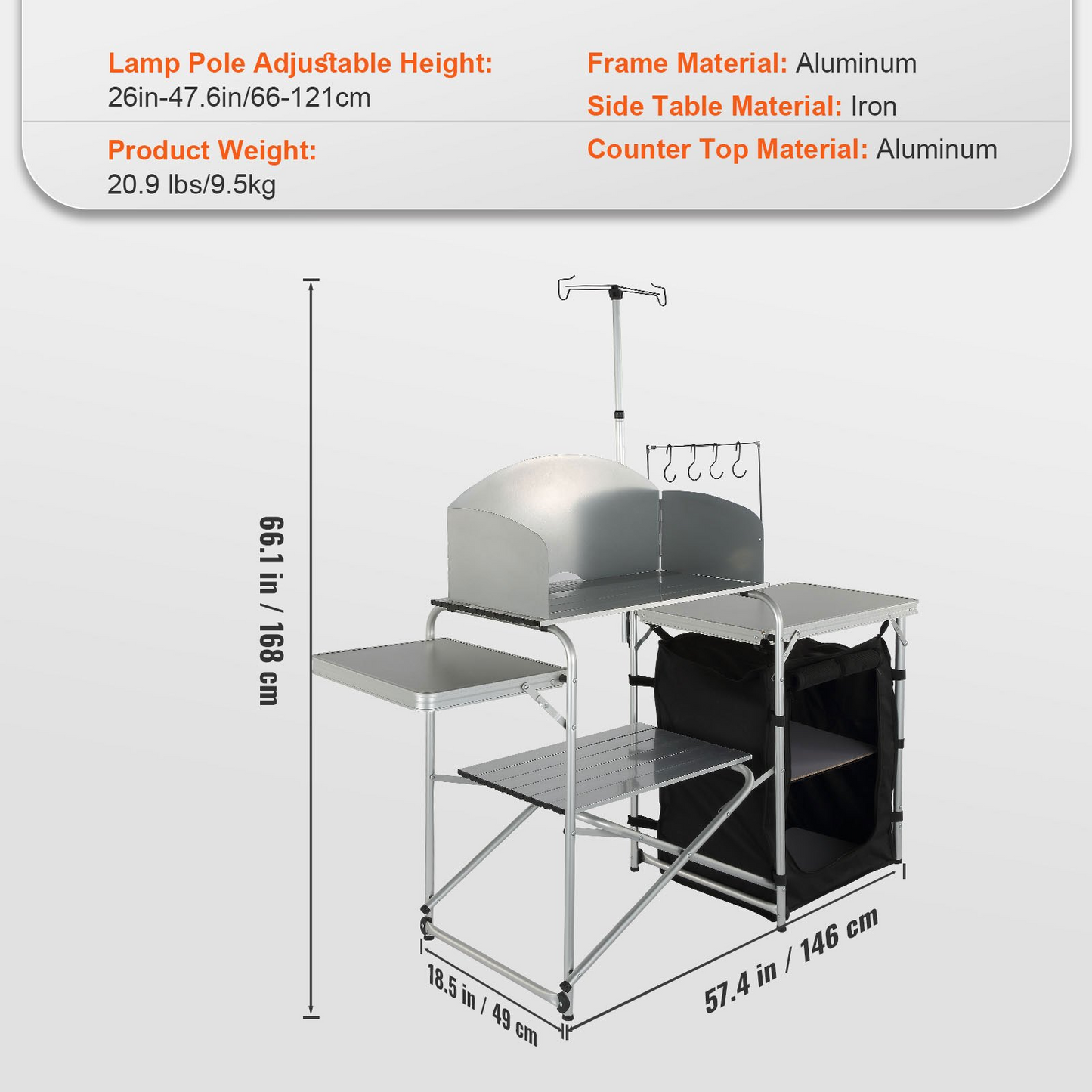 VEVOR Camping Kitchen Table, Folding Outdoor Cooking Table with Storage Carrying Bag, Aluminum Cook Station 1 Cupboard & Detachable Windscreen, Quick Set-up for Picnics, BBQ, RV Traveling, Black