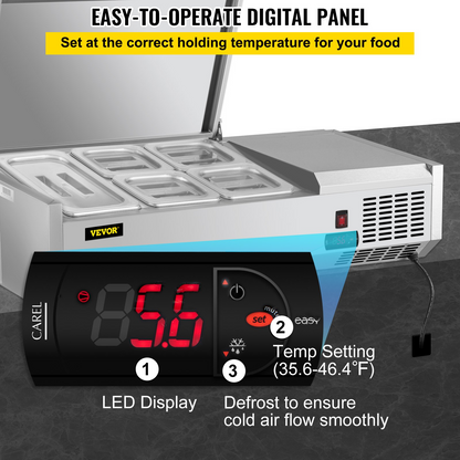 VEVOR Refrigerated Condiment Prep Station, 40-Inch, 7.8 Qt Sandwich/Salad Prep Table with 1 1/3 Pan & 4 1/6 Pans, 150W Salad Bar with 304 Stainless Body and Cover Temp Adjuster One-Click Defrosting
