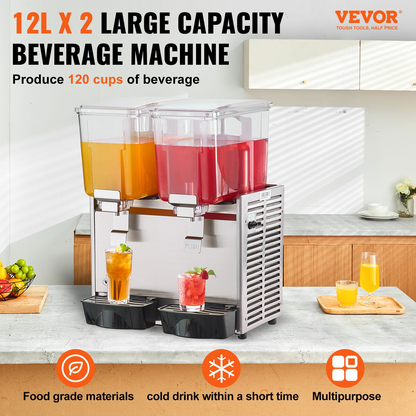 VEVOR Commercial Beverage Dispenser, 13.6 Qt 12L 2 Tanks Ice Tea Drink Machine, 280W 304 Stainless Steel Juice Dispenser with 41℉-53.6℉ Thermostat Controller, for Cold Drink Restaurant Hotel Party