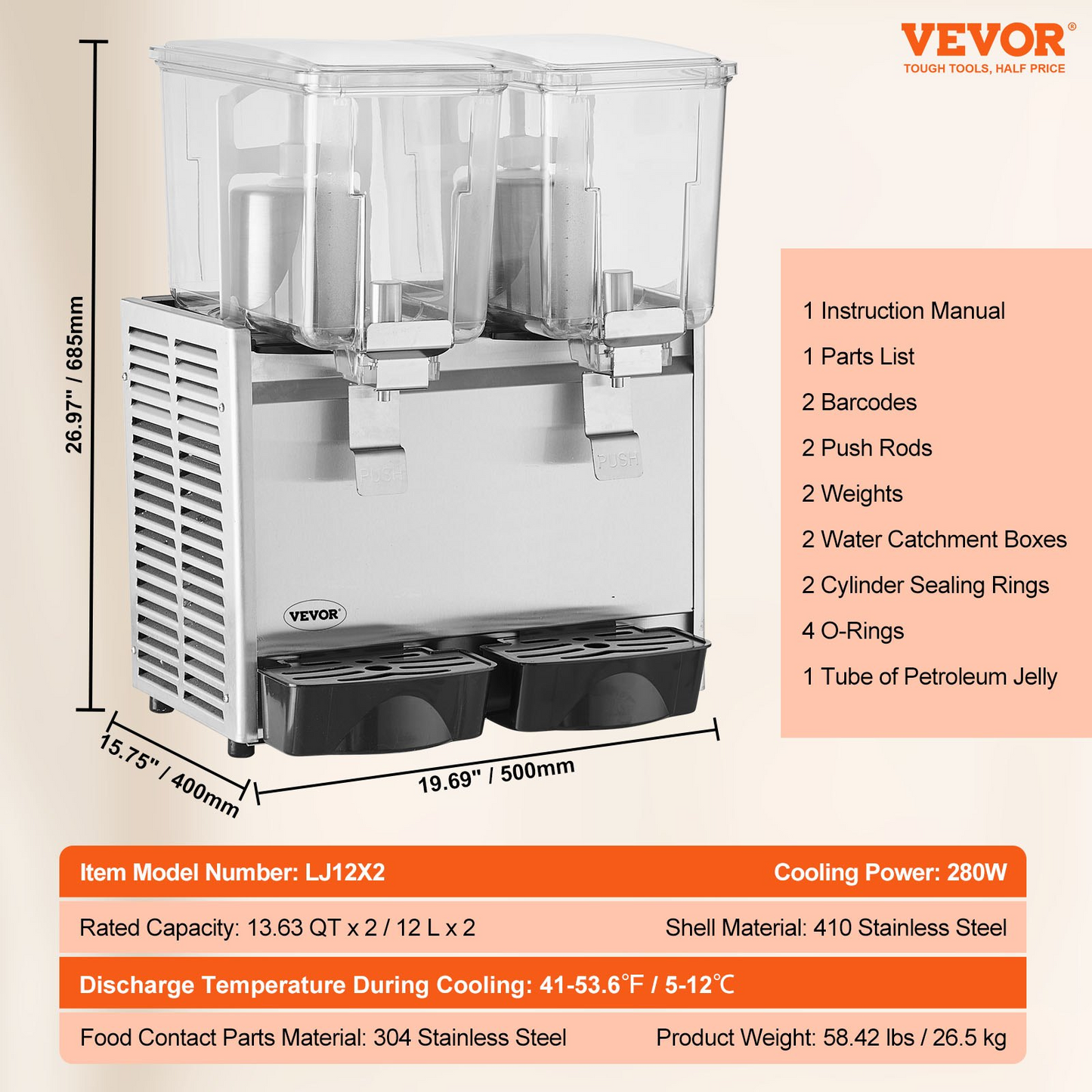 VEVOR Commercial Beverage Dispenser, 13.6 Qt 12L 2 Tanks Ice Tea Drink Machine, 280W 304 Stainless Steel Juice Dispenser with 41℉-53.6℉ Thermostat Controller, for Cold Drink Restaurant Hotel Party