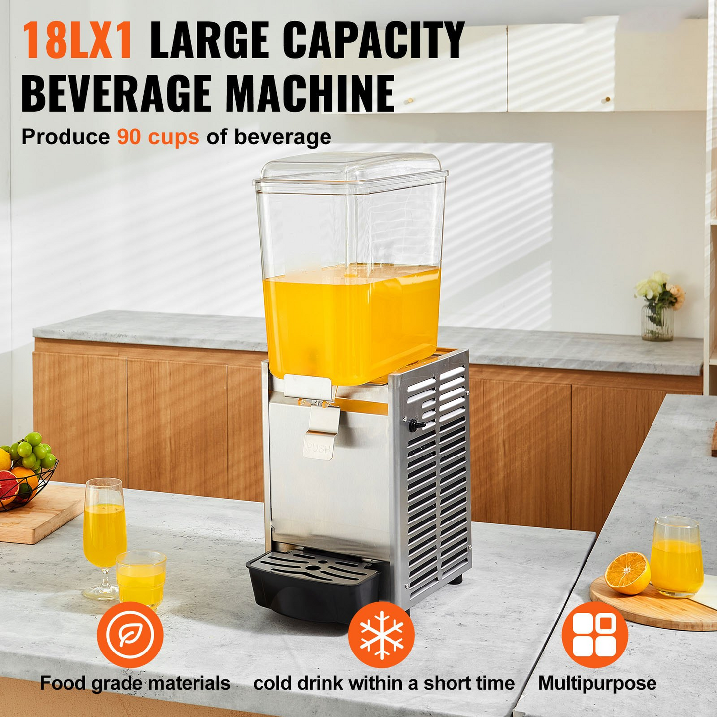 VEVOR Commercial Beverage Dispenser, 20.4 Qt 18L Single Tank Ice Tea Drink Machine, 325W 304 Stainless Steel Juice Dispenser with 41℉-53.6℉ Thermostat Controller, for Cold Drink Restaurant Hotel Party