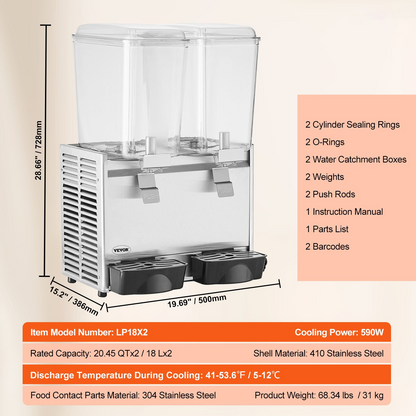 VEVOR Commercial Beverage Dispenser, 20.4 Qt 18L 2 Tanks Ice Tea Drink Machine, 590W 304 Stainless Steel Juice Dispenser with 41℉-53.6℉ Thermostat Controller, for Cold Drink Restaurant Hotel Party