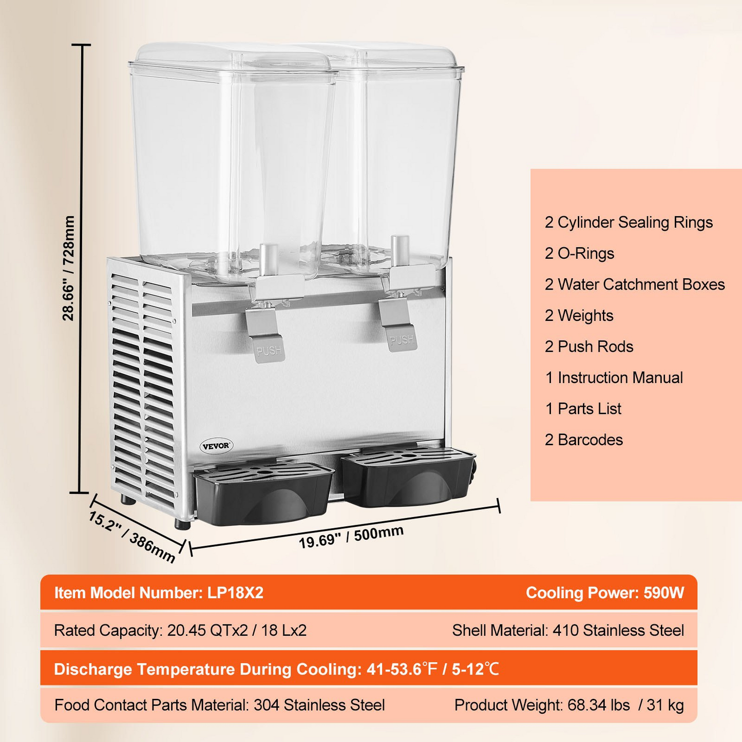 VEVOR Commercial Beverage Dispenser, 20.4 Qt 18L 2 Tanks Ice Tea Drink Machine, 590W 304 Stainless Steel Juice Dispenser with 41℉-53.6℉ Thermostat Controller, for Cold Drink Restaurant Hotel Party