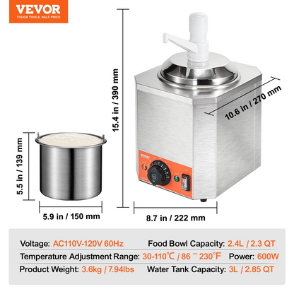 VEVOR Electric Cheese Dispenser with Pump, 2.3 Qt Commercial Hot Fudge Warmer, Plastic Pump Dispenser, 86-230℉ Temp Adjustable Nacho Cheese Sauce Warmer, for Hot Fudge Cheese Caramel