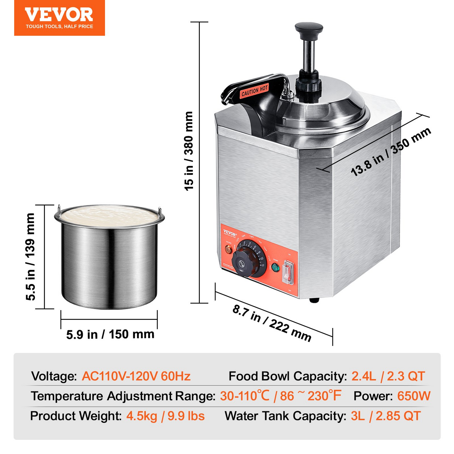 VEVOR Electric Cheese Dispenser with Pump, 2.3 Qt Commercial Hot Fudge Warmer, Stainless Steel Heated Pump Dispenser, 86-230℉ Temp Adjustable Nacho Cheese Sauce Warmer, for Hot Fudge Cheese Caramel