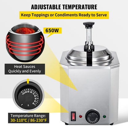 VEVOR Cheese Dispenser with Pump, 2.6 Qt Capacity Cheese Warmer, Stainless Steel Hot Fudge Warmer with Pump 650W Cheese Dispenser, 30-110℃ Temp Adjustable, for Hot Fudge Cheese Caramel