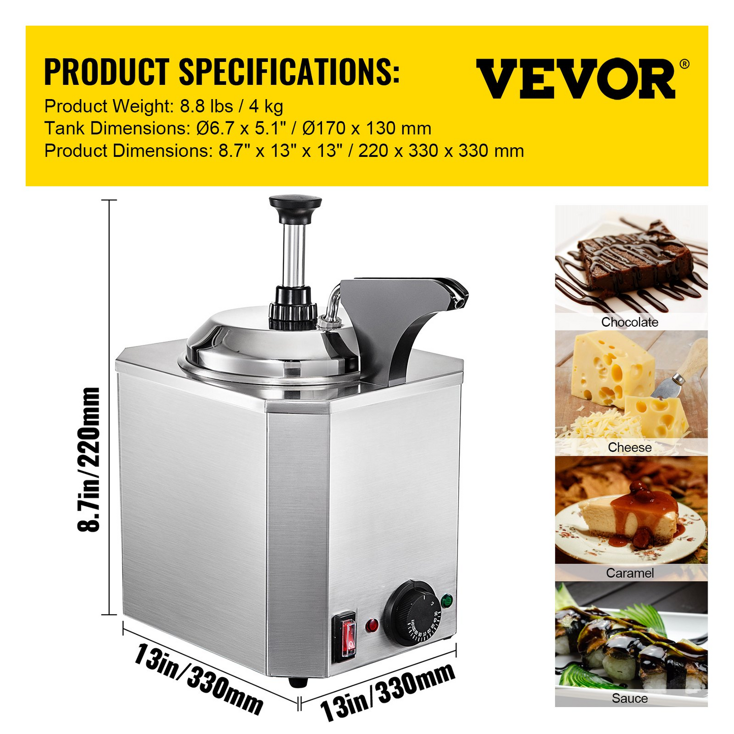 VEVOR Cheese Dispenser with Pump, 2.6 Qt Capacity Cheese Warmer, Stainless Steel Hot Fudge Warmer with Pump 650W Cheese Dispenser, 30-110℃ Temp Adjustable, for Hot Fudge Cheese Caramel