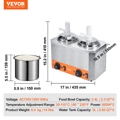 VEVOR Electric Cheese Dispenser with Pumps, 2.3x2 Qt Commercial Hot Fudge Warmer, Plastic Double Pumps Dispenser, 86-230℉ Temp Adjustable Nacho Cheese Sauce Warmer, for Hot Fudge Cheese Caramel