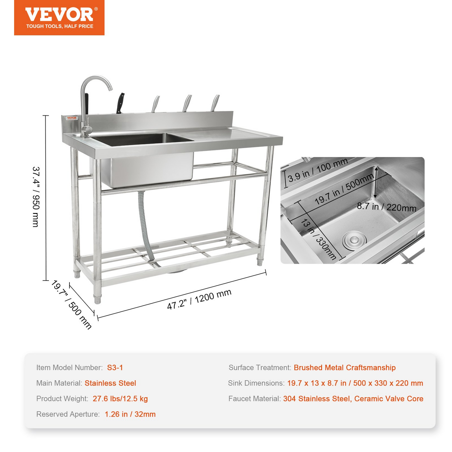 VEVOR Stainless Steel Utility Sink, Free Standing Single Bowl Commercial Kitchen Sink Set w/Workbench, 47 x 19.7 x 37.4 in Commercial Single Bowl Sinks for Garage, Restaurant, Laundry, NSF Certified