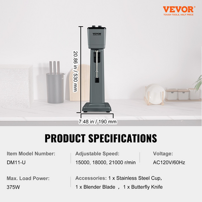 VEVOR Milkshake Maker Machine, 375W Commercial Milk Shake Maker Mixer, Single Head Drink Mixer Blender Machine, 3-Speed Milkshake Blender with 27.7oz Stainless Steel Cup for Commercial