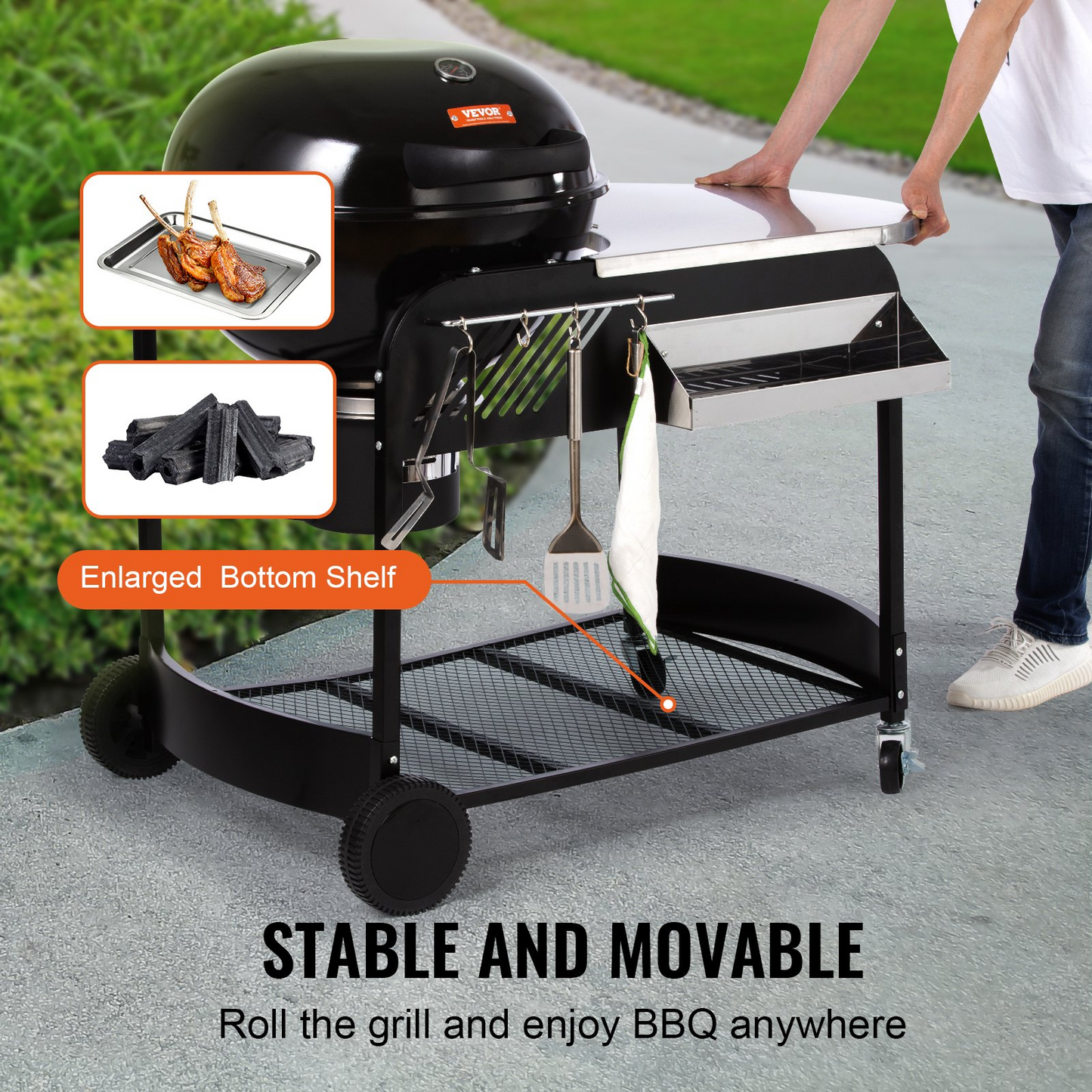 VEVOR 21 inch Kettle Charcoal Grill BBQ Portable Grill with Cart Outdoor Cooking