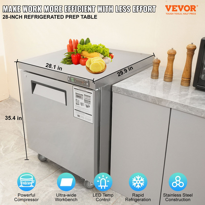 VEVOR Commercial Refrigerator, 28" Undercounter Worktop Refrigerator, 7.4 Cu. Ft Thick Stainless Steel Refrigerated Food Prep Station Fan Cooling Single Door Worktop Fridge with lock for Bar