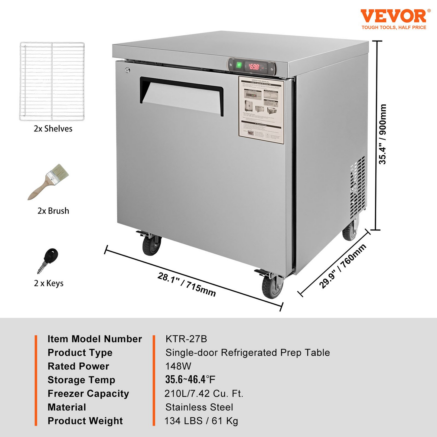 VEVOR Commercial Refrigerator, 28" Undercounter Worktop Refrigerator, 7.4 Cu. Ft Thick Stainless Steel Refrigerated Food Prep Station Fan Cooling Single Door Worktop Fridge with lock for Bar