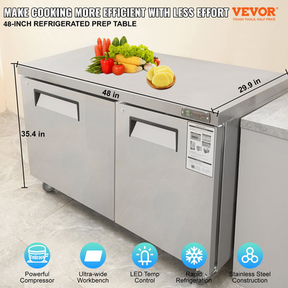 VEVOR Commercial Refrigerator, 48" Worktop Undercounter Refrigerator, 12.85 Cu. Ft Thick Stainless Steel Refrigerated Food Prep Station, 2 Door Worktop Fridge with lock for Restaurant, Bar, Diner