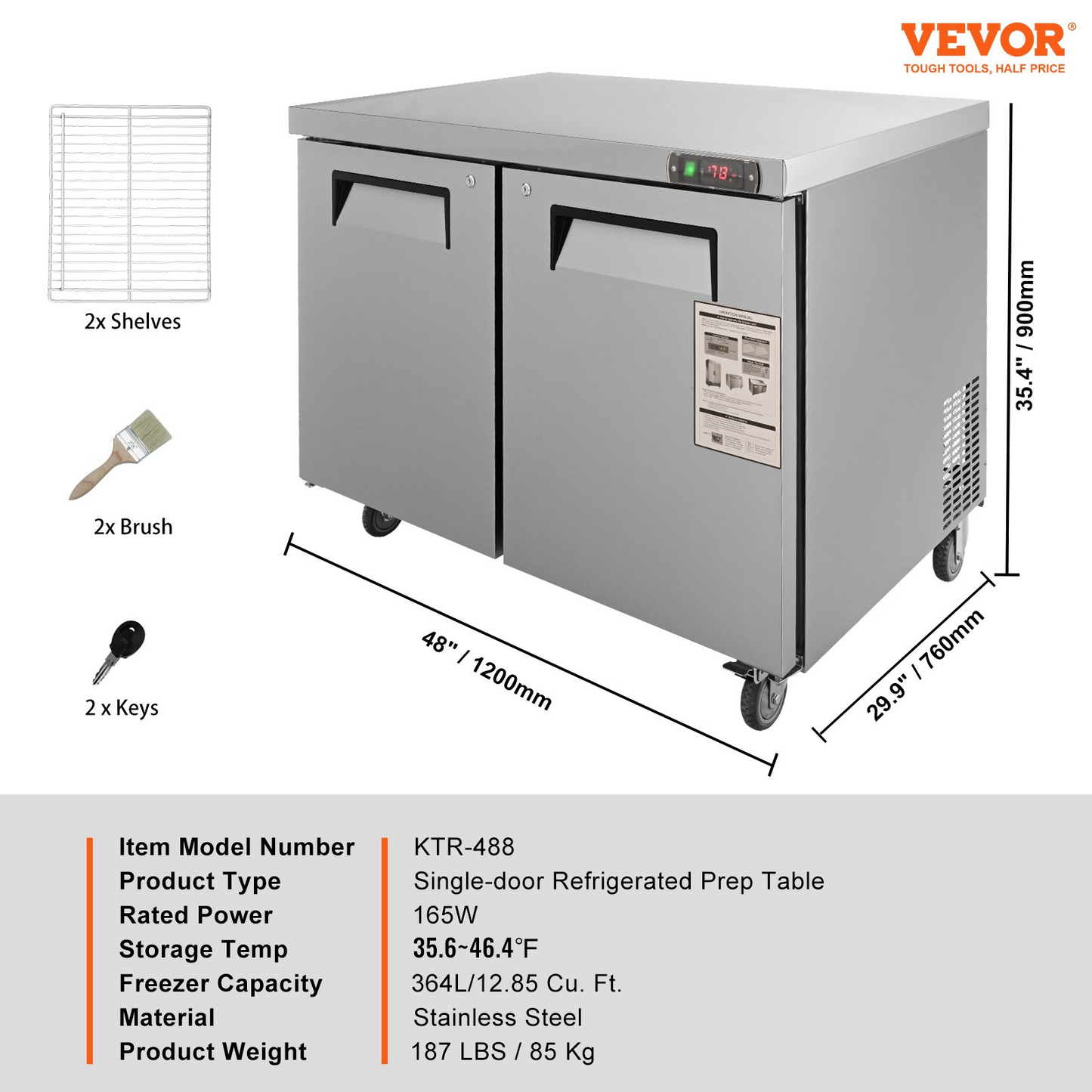 VEVOR Commercial Refrigerator, 48" Worktop Undercounter Refrigerator, 12.85 Cu. Ft Thick Stainless Steel Refrigerated Food Prep Station, 2 Door Worktop Fridge with lock for Restaurant, Bar, Diner