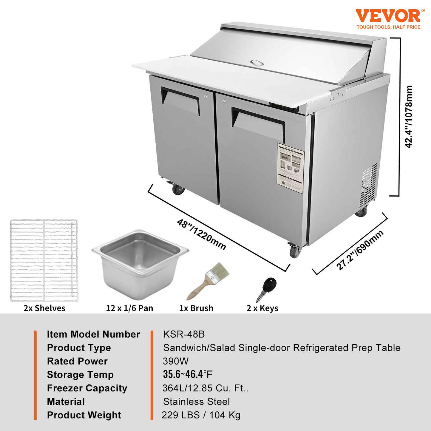 VEVOR Commercial Refrigerator, 48" Sandwich & Salad Prep Table, 12.85 Cu. Ft Thick Stainless Steel Refrigerated Food Prep Station with 12 Pans Cutting Board, 2 Door Fridge for Restaurant, Bar, Shop