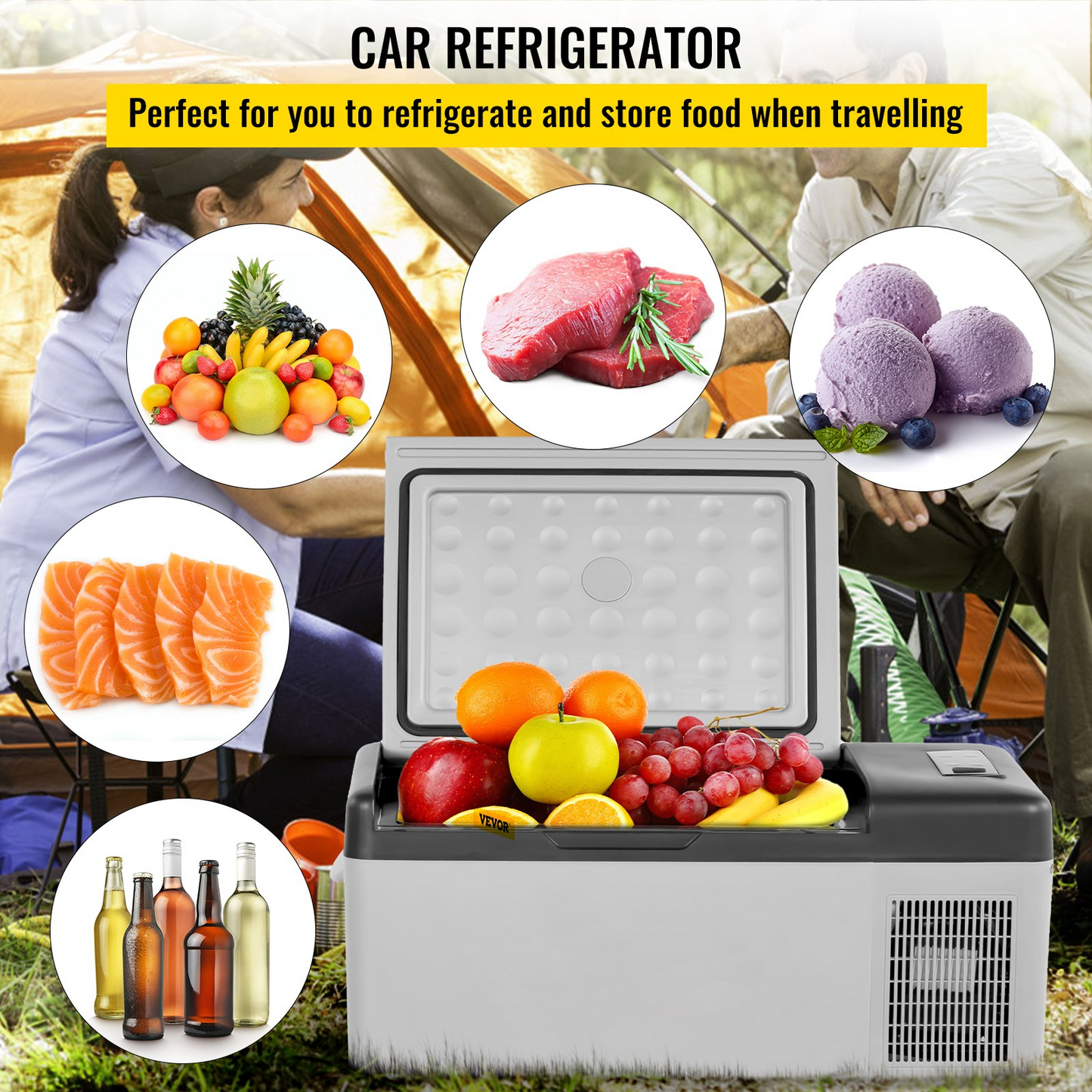 VEVOR 12 Volt Refrigerator 16 Qt, Portable Mini Car Fridge w/ -4℉-68℉ Cooling Range & App Control 12/24V DC & 110-240V AC Electric Compressor Cooler for Truck Vehicle RV Boat Outdoor & Home Use, Grey