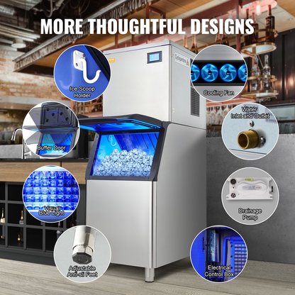 VEVOR Commercial Ice Maker, 360LBS/24H Ice Making Machine with 330.7LBS Large Storage Bin, 700W Auto Self-Cleaning Ice Maker Machine with 3.5-inch LED Panel for Bar Cafe Restaurant Business