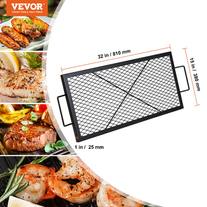 VEVOR X-Marks Fire Pit Grill Grate, Rectangle Cooking Grate, Heavy Duty Steel Campfire BBQ Grill Grid with Handle & Support X Wire, Portable Camping Cookware for Outside Party Gathering, 32 Inch Black