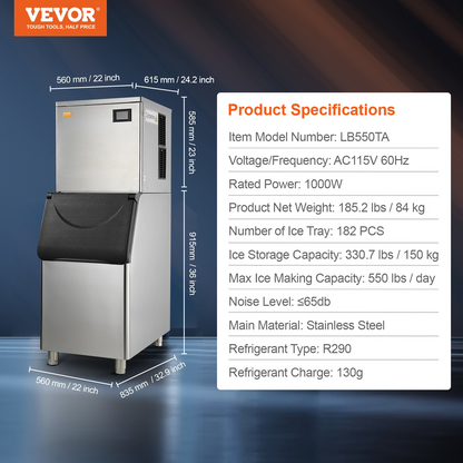 VEVOR Commercial Ice Maker, 550LBS/24H Ice Making Machine with 330.7LBS Large Storage Bin, 1000W Auto Self-Cleaning Ice Maker Machine ith 3.5-inch LED Screen for Business Bar Cafe Restaurant