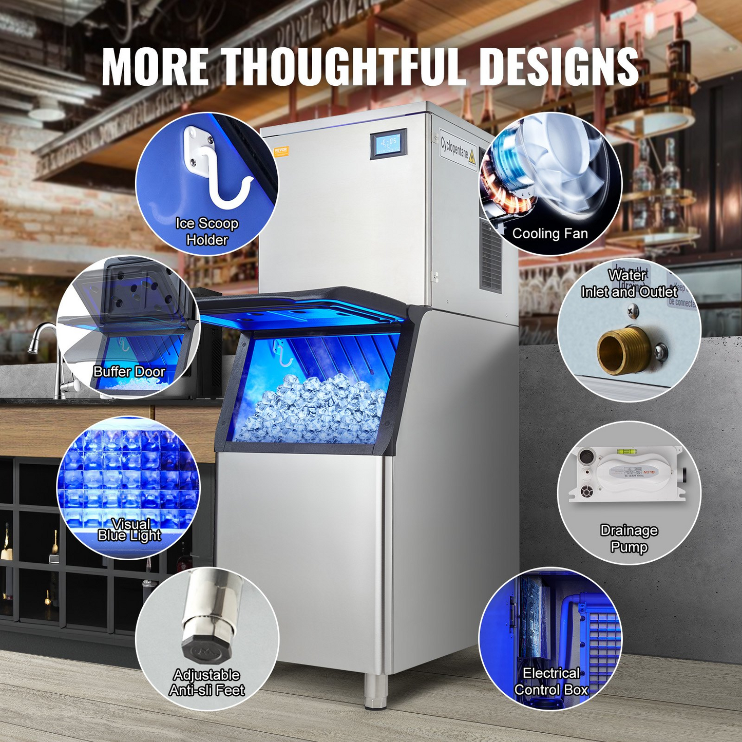 VEVOR Commercial Ice Maker, 400LBS/24H Ice Making Machine with 330.7LBS Large Storage Bin, 800W Auto Self-Cleaning Ice Maker Machine with 3.5-inch LED Screen for Business Bar Cafe Restaurant