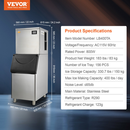 VEVOR Commercial Ice Maker, 400LBS/24H Ice Making Machine with 330.7LBS Large Storage Bin, 800W Auto Self-Cleaning Ice Maker Machine with 3.5-inch LED Screen for Business Bar Cafe Restaurant