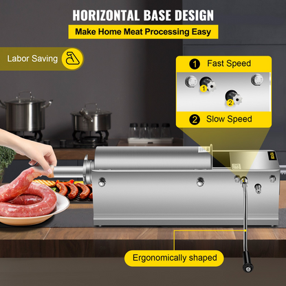 VEVOR Horizontal Sausage Stuffer 5L/11Lbs Manual Sausage Maker With 5 Filling Nozzles Sausage Stuffing Machine For Home & Commercial Use Stainless Steel