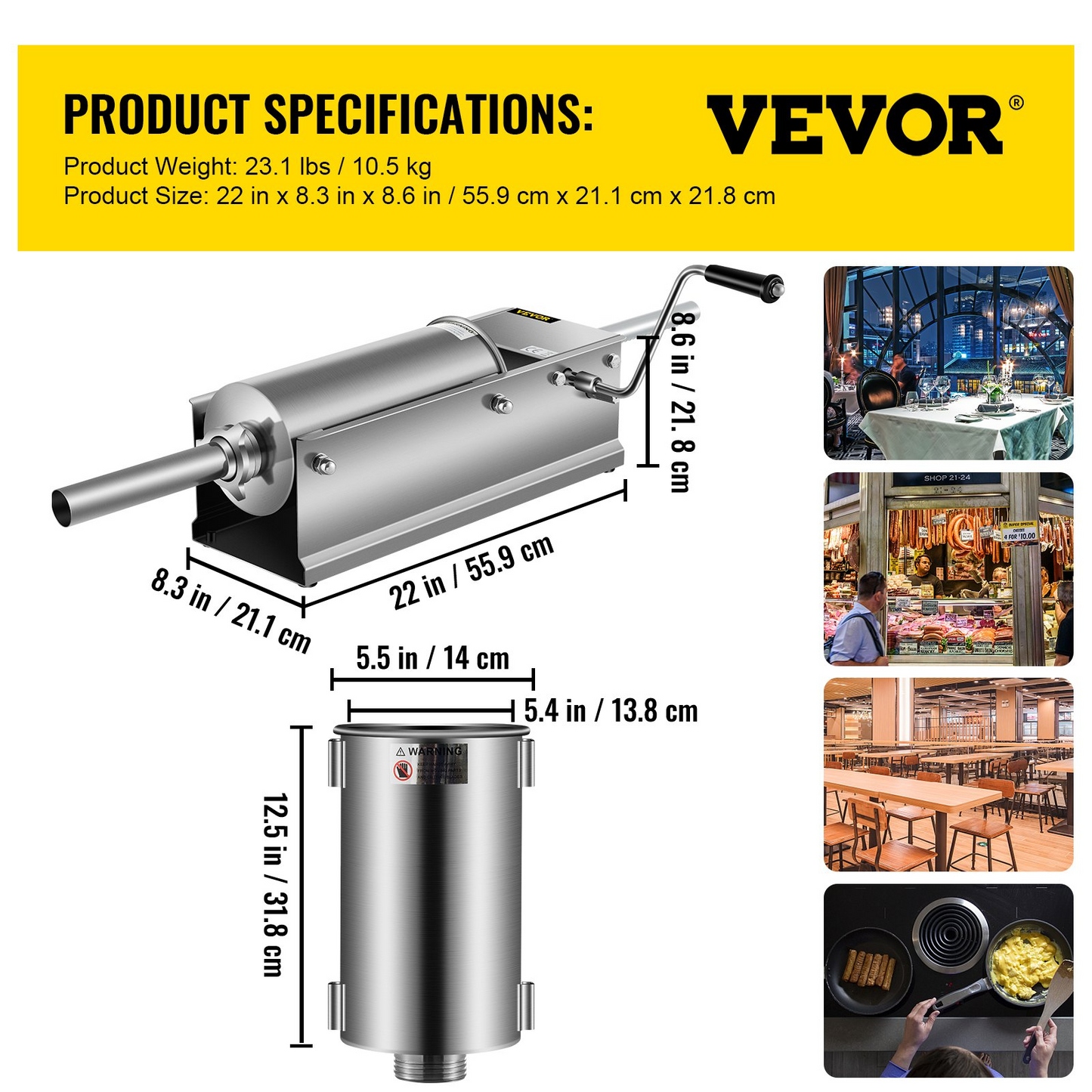 VEVOR Horizontal Sausage Stuffer 5L/11Lbs Manual Sausage Maker With 5 Filling Nozzles Sausage Stuffing Machine For Home & Commercial Use Stainless Steel