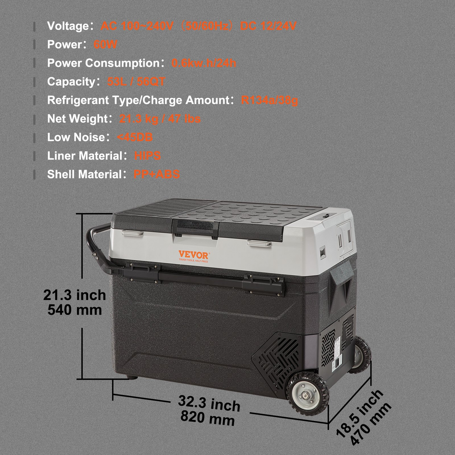 VEVOR Car Refrigerator, 12 Volt Car Refrigerator Fridge, 56 QT/53 L Dual Zone Portable Freezer, -4℉-50℉ Adjustable Range, 12/24V DC and 100-240V AC Compressor Cooler for Outdoor, Camping, Travel, RV