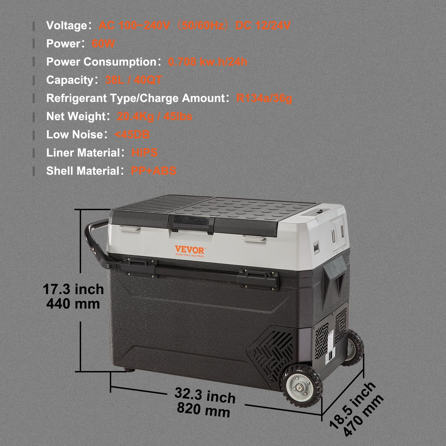 VEVOR Car Refrigerator, 12 Volt Car Refrigerator Fridge, 40QT/38L Dual Zone Portable Freezer, -4℉-50℉ Adjustable Range, 12/24V DC and 100-240V AC Compressor Cooler for Outdoor, Camping, Travel, RV