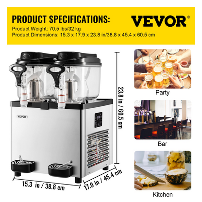 VEVOR Commercial Slushy Machine, 6 L x 2 Tanks 50 Cups, 700W 110V, Stainless Steel Margarita Smoothie Frozen Drink Maker, Perfect for Supermarkets Cafes Restaurants Bars and Home Use, Silver