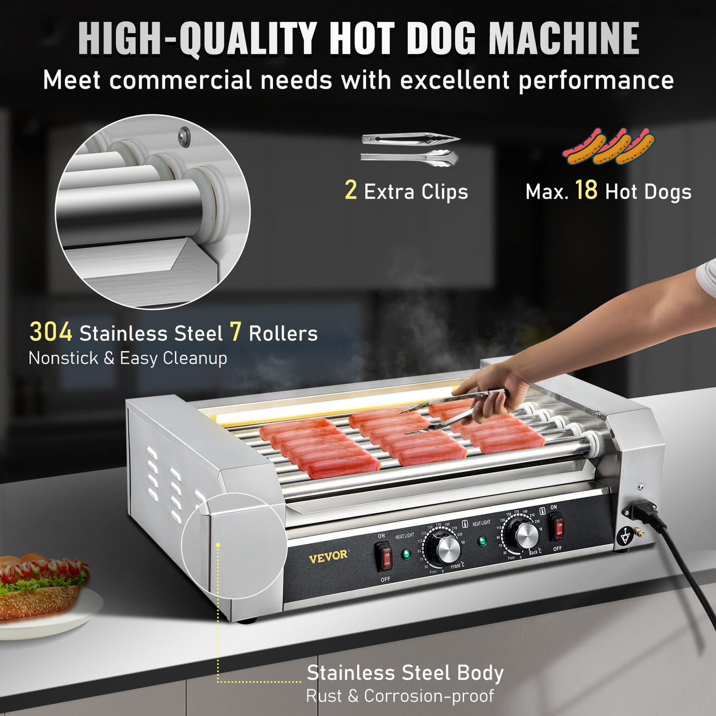 VEVOR Hot Dog Roller, 18 Hot Dog Capacity 7 Rollers, 1050W Stainless Steel Cook Warmer Machine with Dual Temp Control, LED Light and Detachable Drip Tray, Sausage Grill Cooker for Kitchen Restaurant