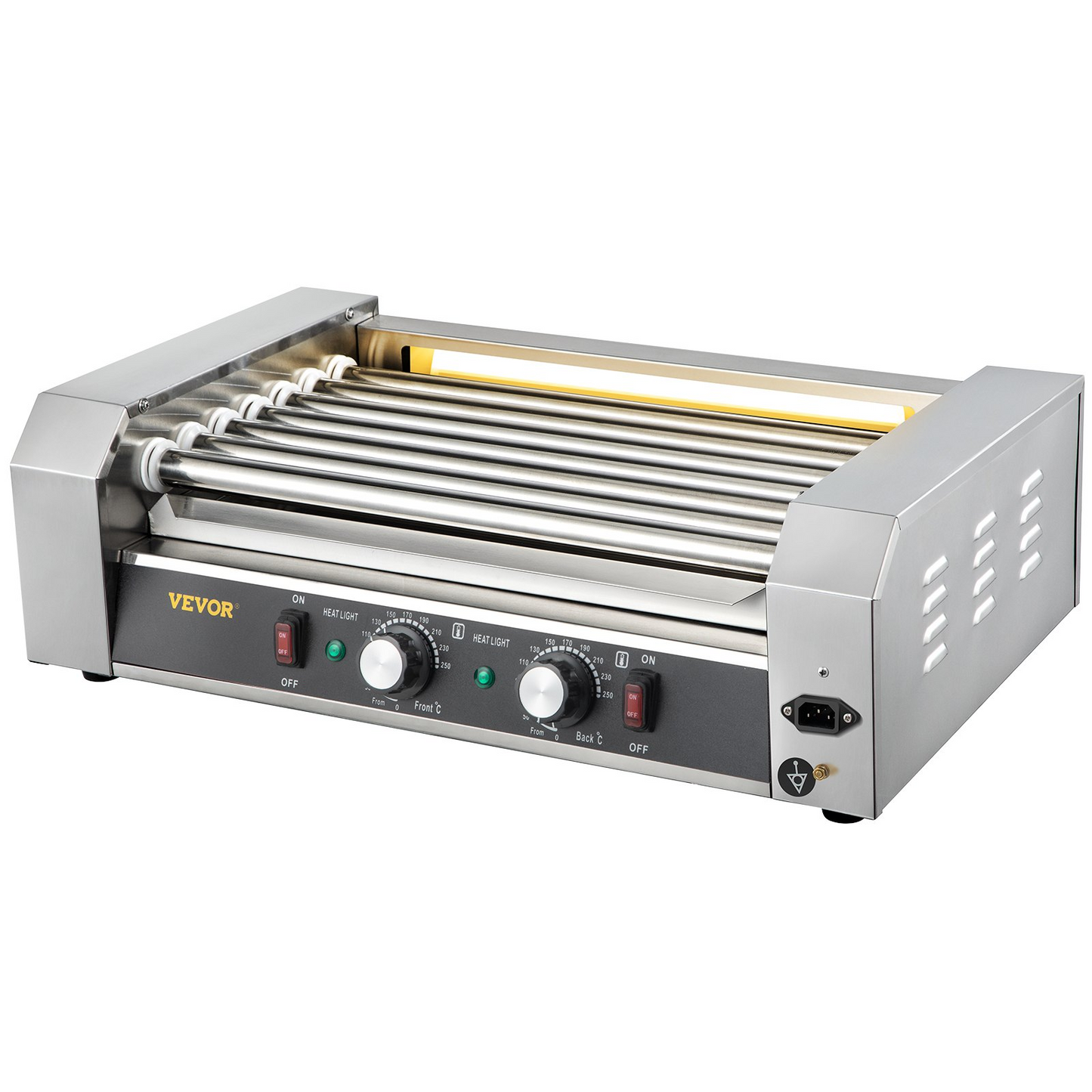 VEVOR Hot Dog Roller, 18 Hot Dog Capacity 7 Rollers, 1050W Stainless Steel Cook Warmer Machine with Dual Temp Control, LED Light and Detachable Drip Tray, Sausage Grill Cooker for Kitchen Restaurant