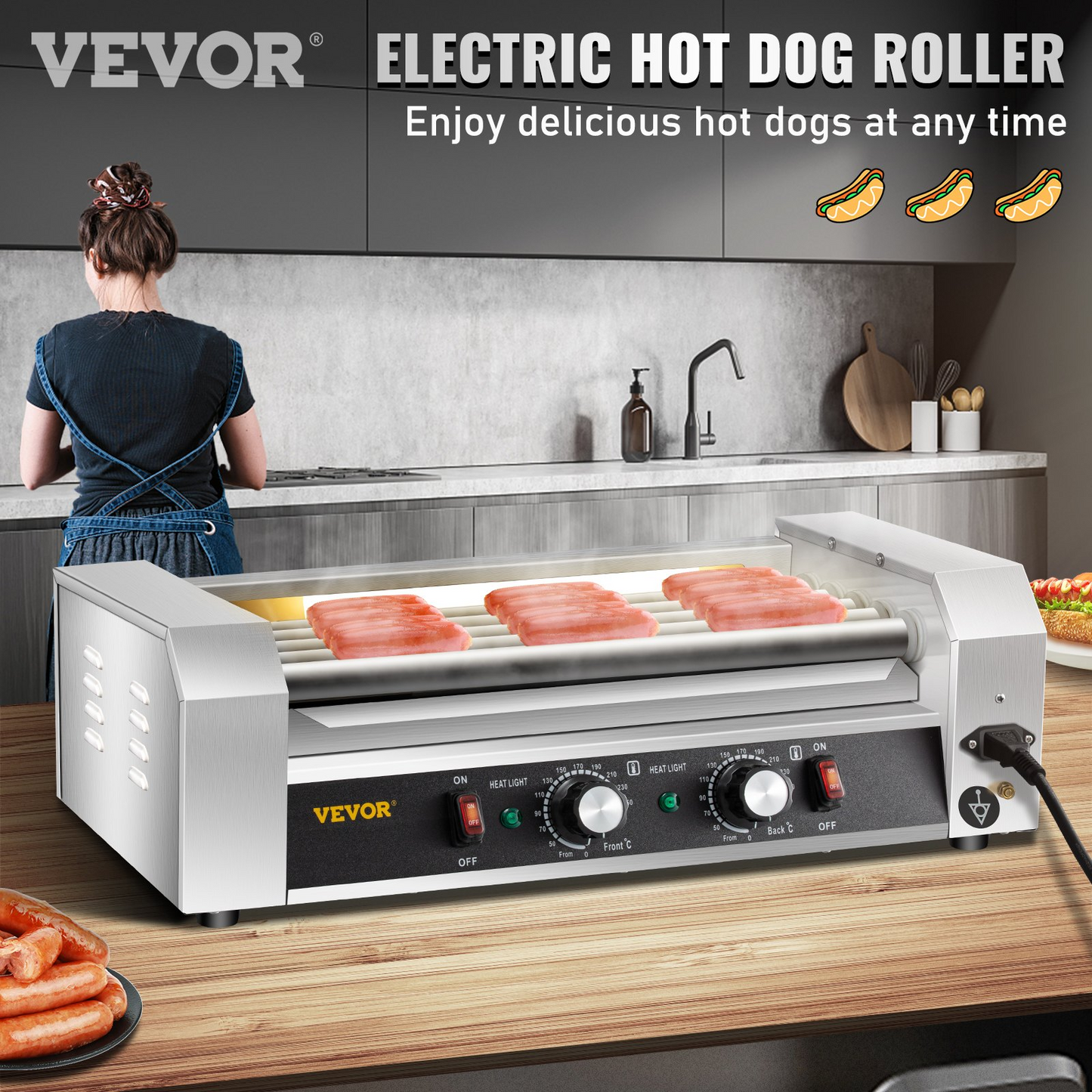 VEVOR Hot Dog Roller, 12 Hot Dog Capacity 5 Rollers, 750W Stainless Steel Cook Warmer Machine with Dual Temp Control, LED Light and Detachable Drip Tray, Sausage Grill Cooker for Kitchen Restaurant