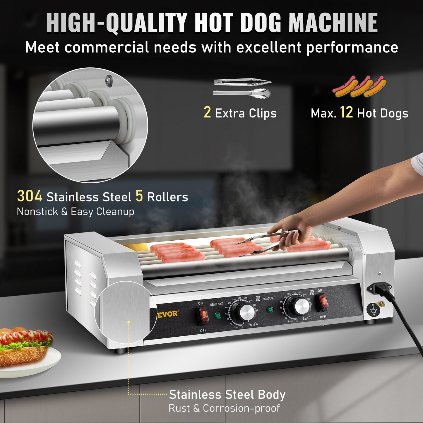 VEVOR Hot Dog Roller, 12 Hot Dog Capacity 5 Rollers, 750W Stainless Steel Cook Warmer Machine with Dual Temp Control, LED Light and Detachable Drip Tray, Sausage Grill Cooker for Kitchen Restaurant