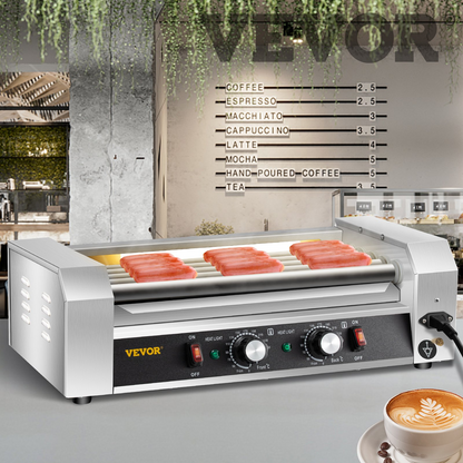 VEVOR Hot Dog Roller, 12 Hot Dog Capacity 5 Rollers, 750W Stainless Steel Cook Warmer Machine with Dual Temp Control, LED Light and Detachable Drip Tray, Sausage Grill Cooker for Kitchen Restaurant