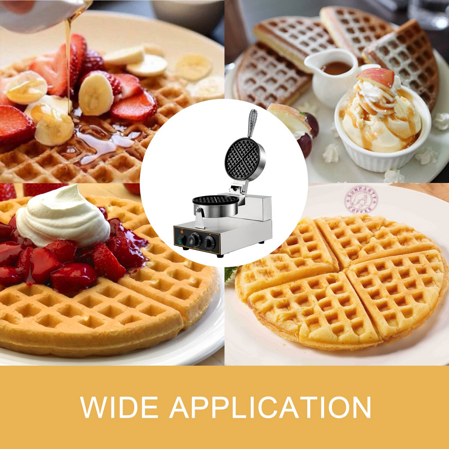 VEVOR Commercial Round Waffle Maker Nonstick 1100W Stainless Steel 110V Temperature and Time Control, Suitable for Restaurant Bakeries Snack Bar Family, Non-rotated