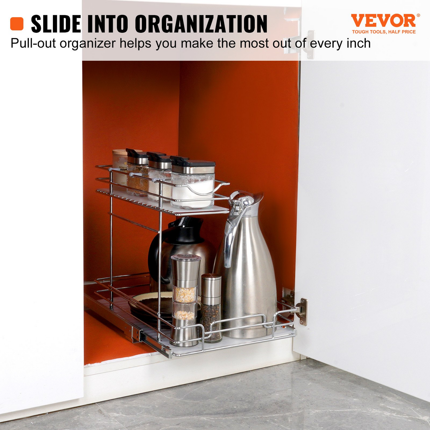 VEVOR 2 Tier 12"W x 17"D Pull Out Cabinet Organizer, Heavy Duty Slide Out Pantry Shelves, Chrome-Plated Steel Roll Out Drawers, Sliding Drawer Storage for Inside Kitchen Cabinet, Bathroom, Under Sink