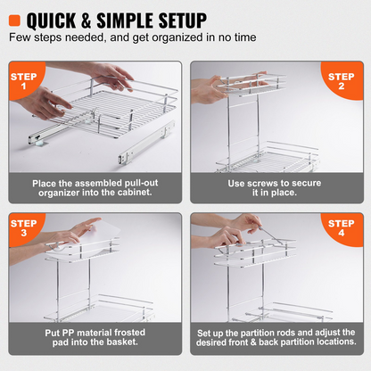 VEVOR 2 Tier 12"W x 17"D Pull Out Cabinet Organizer, Heavy Duty Slide Out Pantry Shelves, Chrome-Plated Steel Roll Out Drawers, Sliding Drawer Storage for Inside Kitchen Cabinet, Bathroom, Under Sink