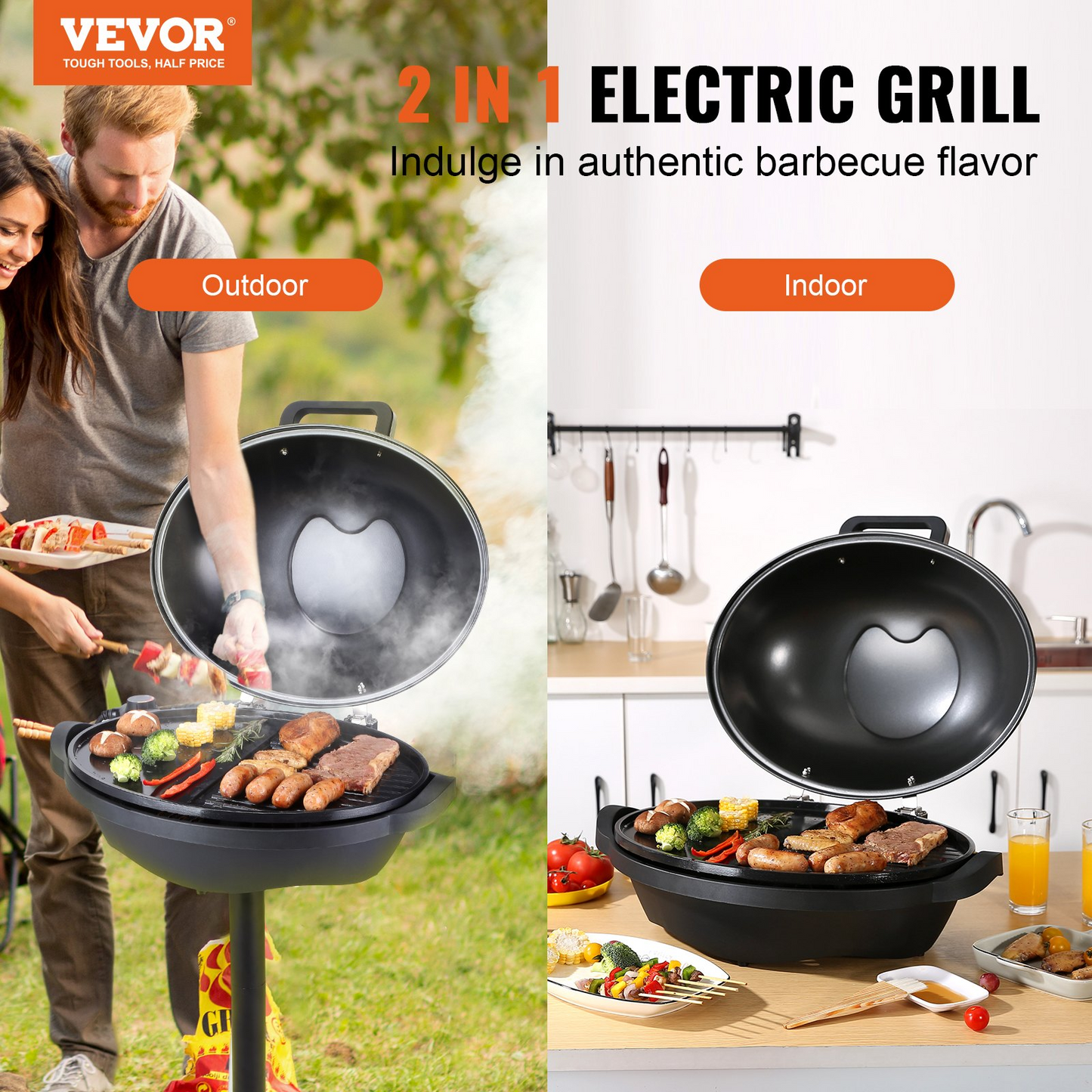 VEVOR Indoor/Outdoor Electric Grill, 1800W 200sq.in Electric BBQ Grill with Zone Grilling Surface, Removable Stand, Non-stick Patio Grill with Adjustable Temperature for Party Camping Yard