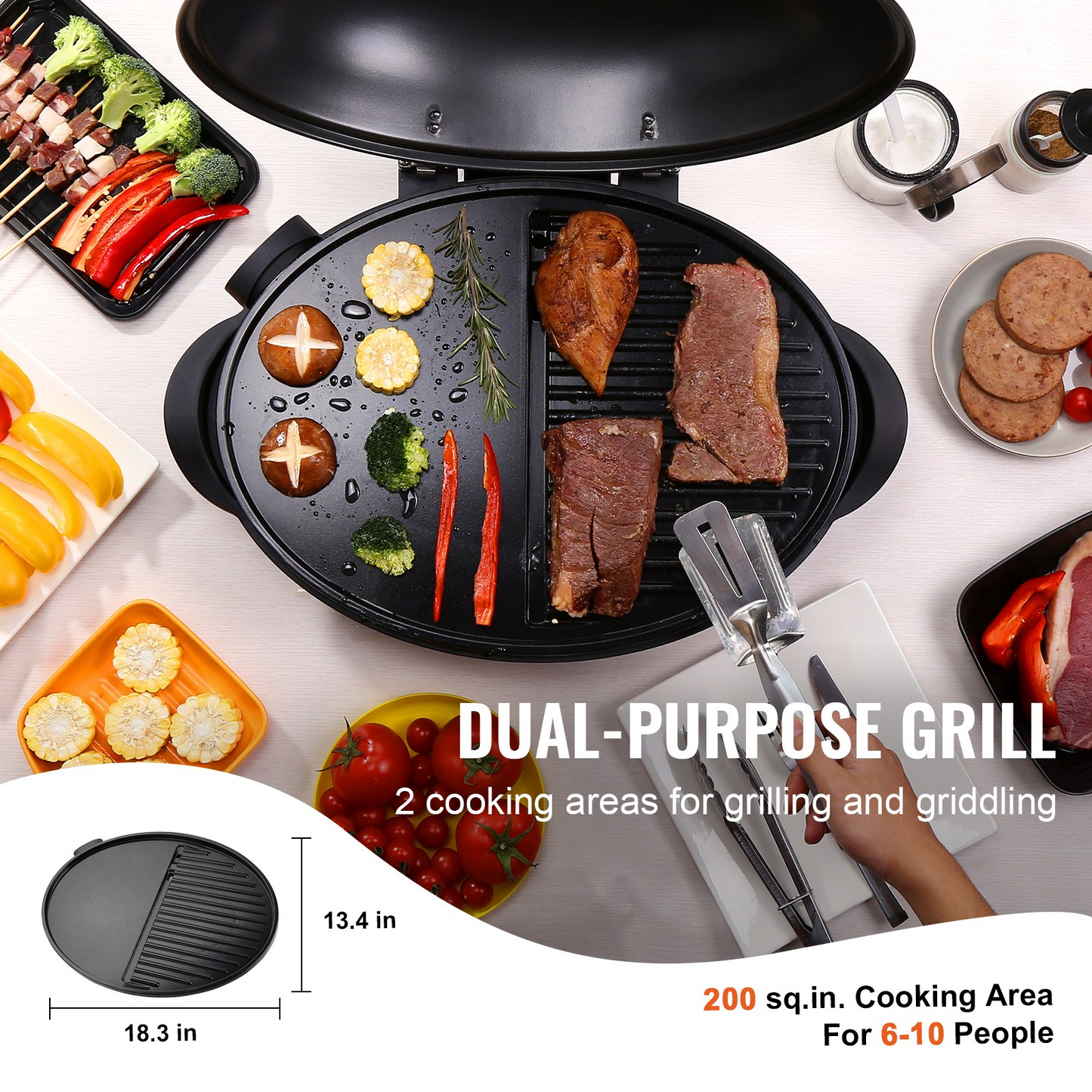 VEVOR Indoor/Outdoor Electric Grill, 1800W 200sq.in Electric BBQ Grill with Zone Grilling Surface, Removable Stand, Non-stick Patio Grill with Adjustable Temperature for Party Camping Yard