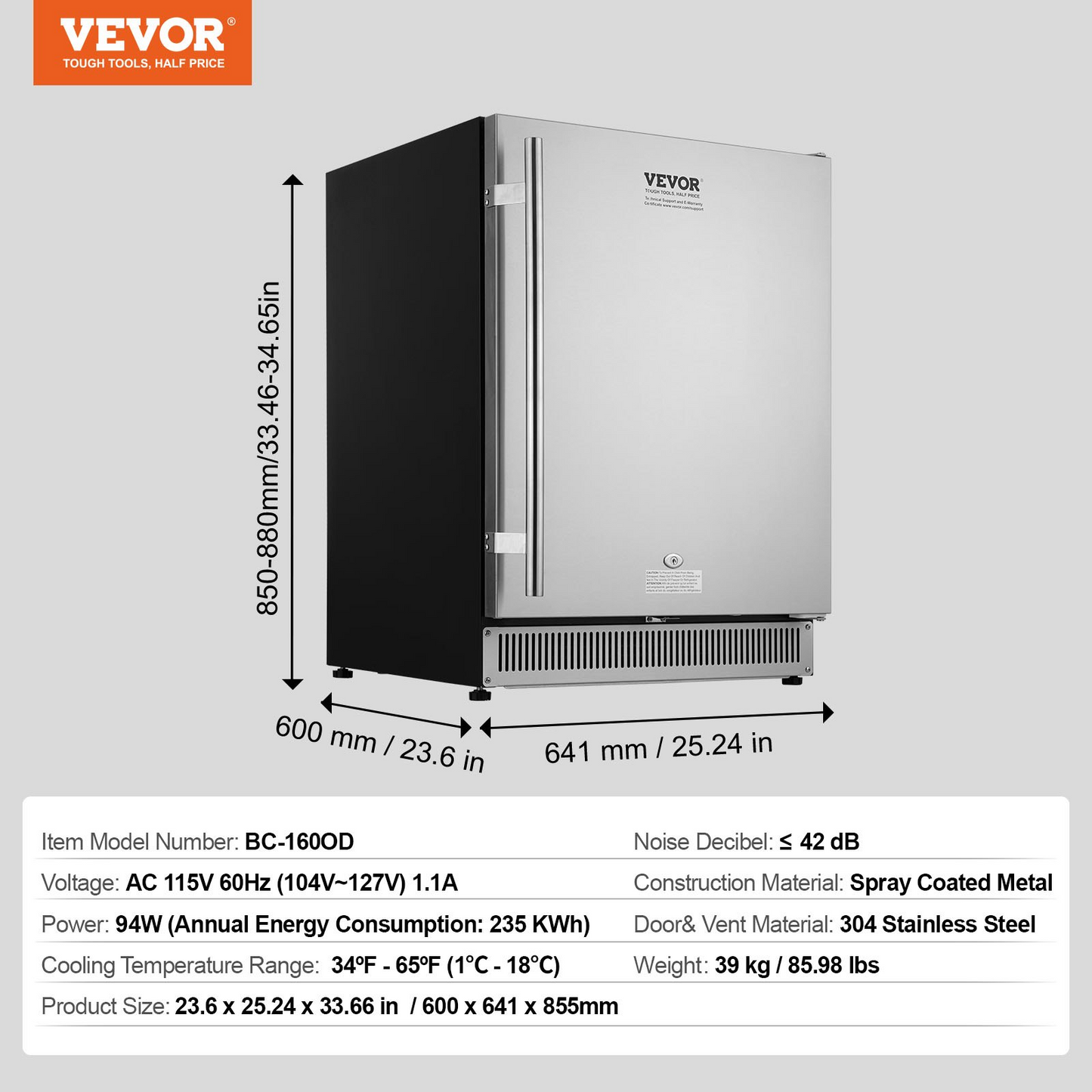 VEVOR 24 inch Indoor/Outdoor Beverage Refrigerator, 185QT Undercounter or Freestanding Beverage Fridge, 175 Cans Built-in Beer Fridge with Metal Plate Body for Residential Home Bar Commercial Use