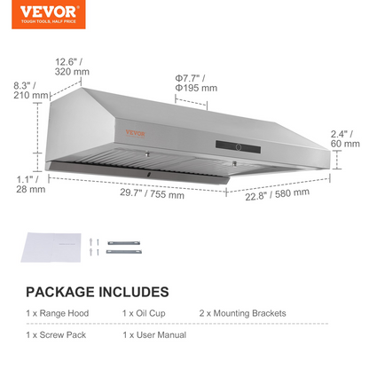 VEVOR Under Cabinet Range Hood, Dual Motors Ductless Kitchen Stove Vent, Stainless Steel Permanent Filter with 3-Speed Exhaust Fan, 2 Baffle Filters, LED Lights, Touch Control Panel, Silver (30 inch)