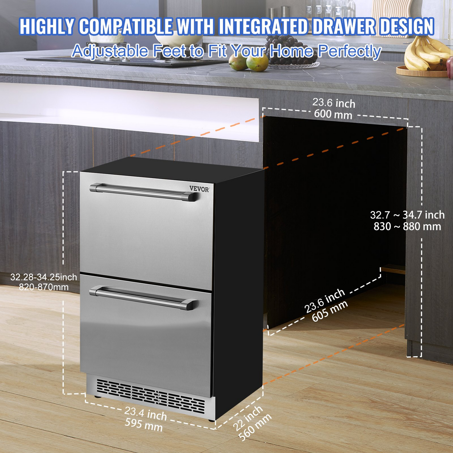 VEVOR 24 inch Undercounter Refrigerator, 2 Drawer Refrigerator with Different Temperature, 4.87 Cu.ft. Capacity, Waterproof Indoor and Outdoor Under Counter Freezer Fridge for Home and Commercial Use