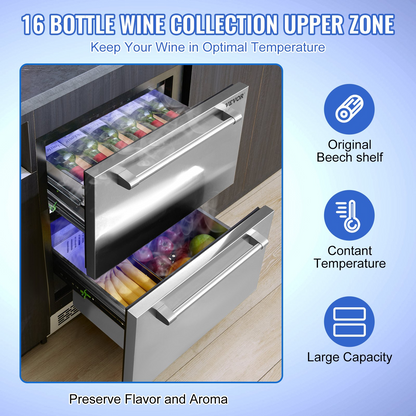 VEVOR 24" Undercounter Refrigerator, 2 Drawer Wine Refrigerator with Different Temperature, 4.87 Cu.ft. Capacity, Waterproof Indoor and Outdoor Under Counter Drawer Fridge for Home Use