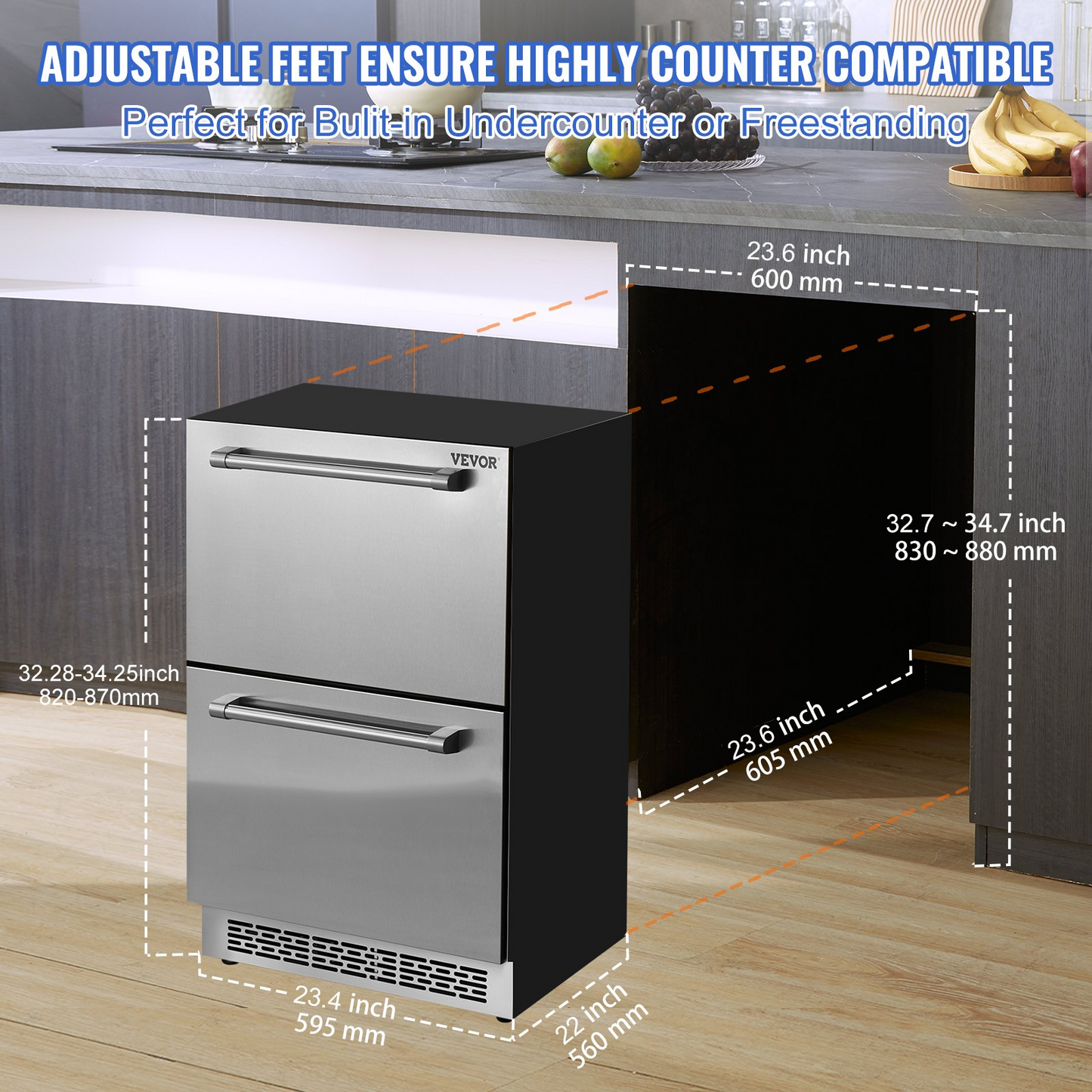 VEVOR 24" Undercounter Refrigerator, 2 Drawer Wine Refrigerator with Different Temperature, 4.87 Cu.ft. Capacity, Waterproof Indoor and Outdoor Under Counter Drawer Fridge for Home Use