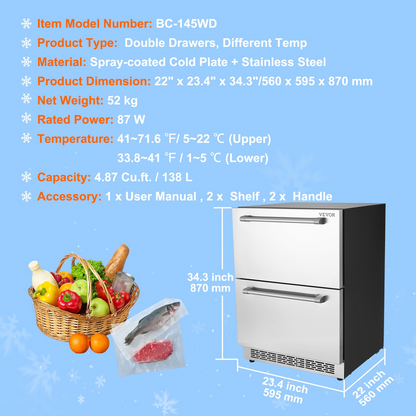 VEVOR 24" Undercounter Refrigerator, 2 Drawer Wine Refrigerator with Different Temperature, 4.87 Cu.ft. Capacity, Waterproof Indoor and Outdoor Under Counter Drawer Fridge for Home Use